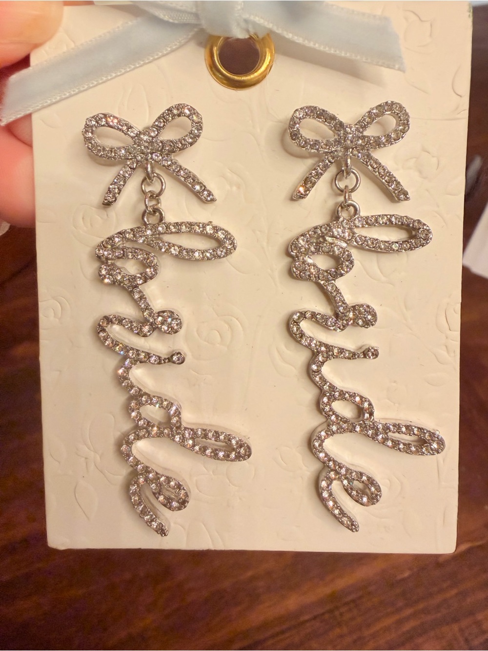 Crystal Bow Drop “BRIDE” Script Earrings
